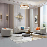Elegant 3-piece beige leather sofa and loveseat set with throw pillows